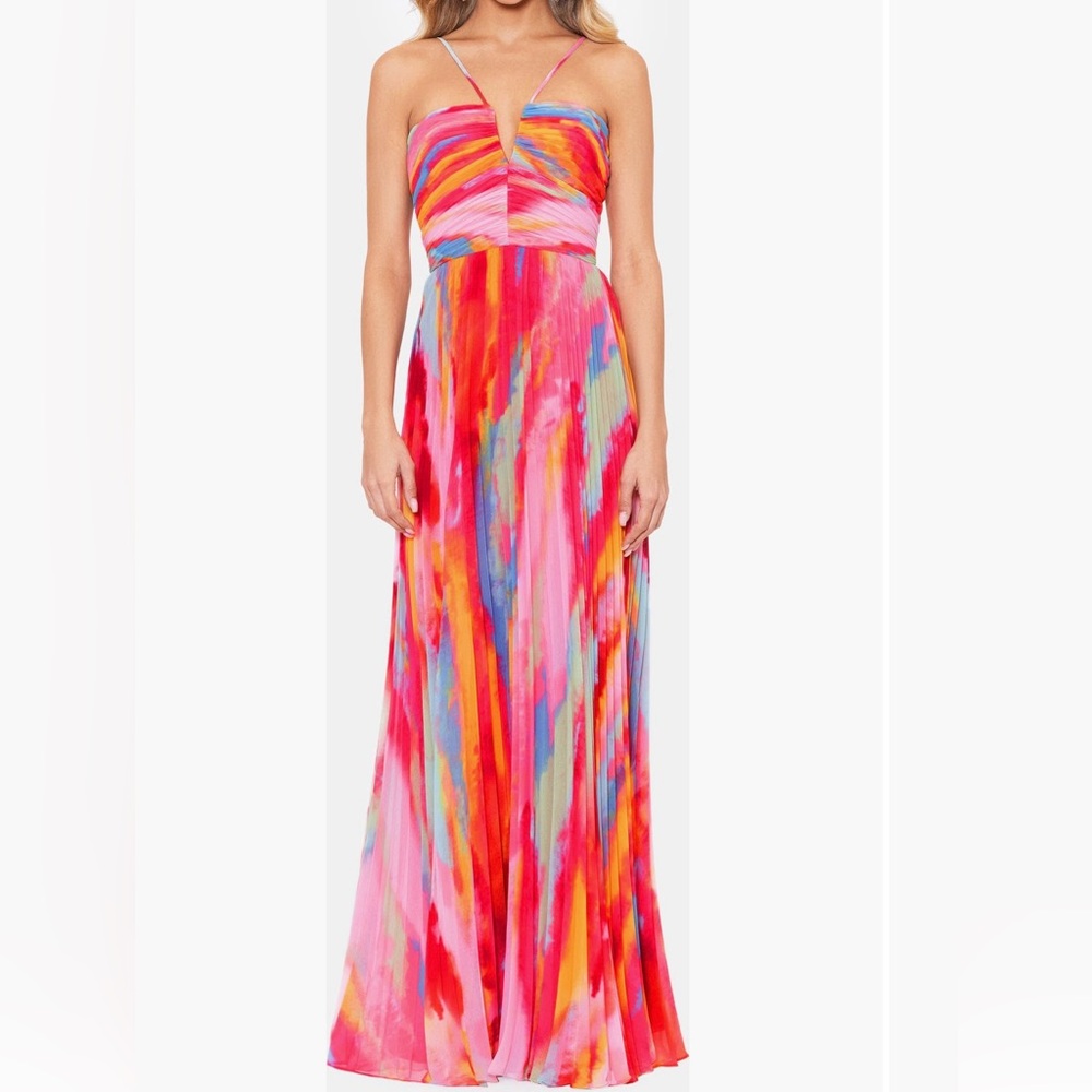 Xscape Evenings print pleated gown size 8.